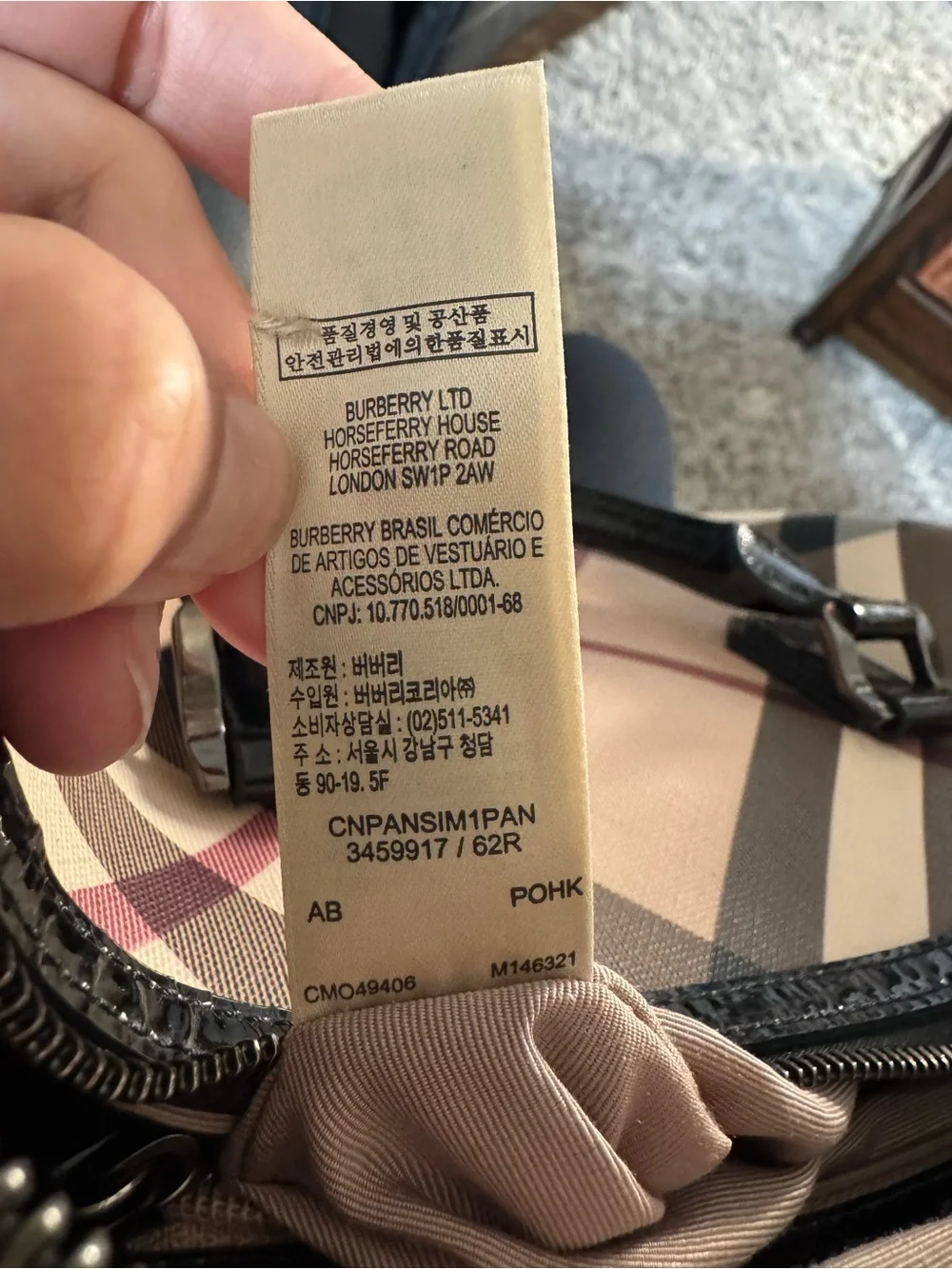 Burberry Beige Check Satchel with Black Patent Handles and Maroon Accents